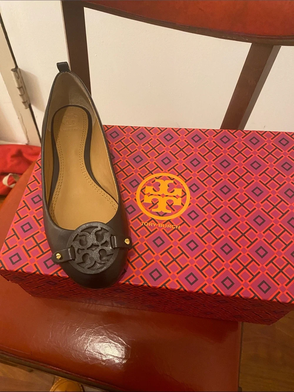 Tory Burch Black Leather Logo Ballet Flat